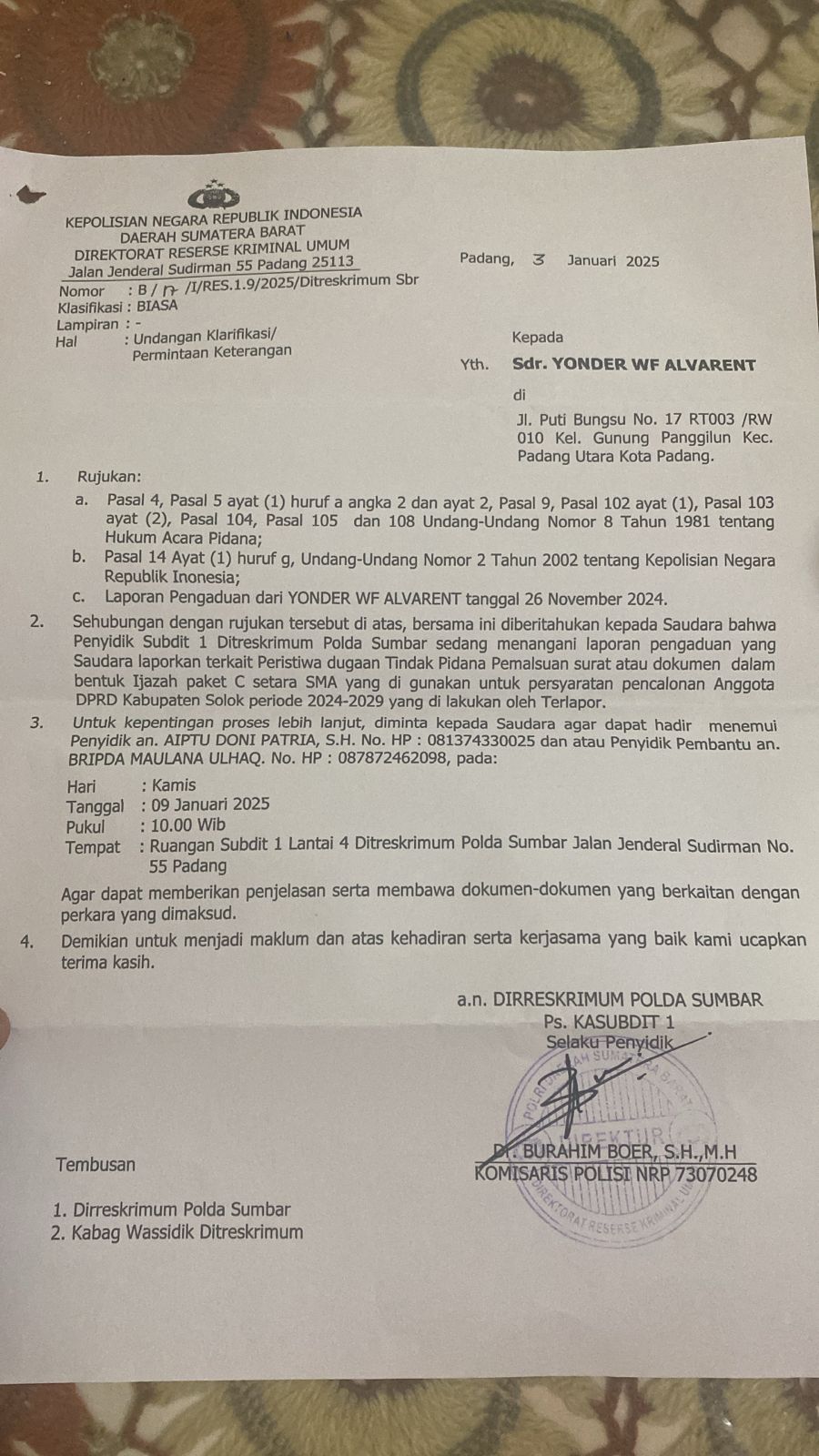 Laporan 234 SC di Polda Sumbar Terus Bergulir Nasib “TP” Diujung Tanduk?