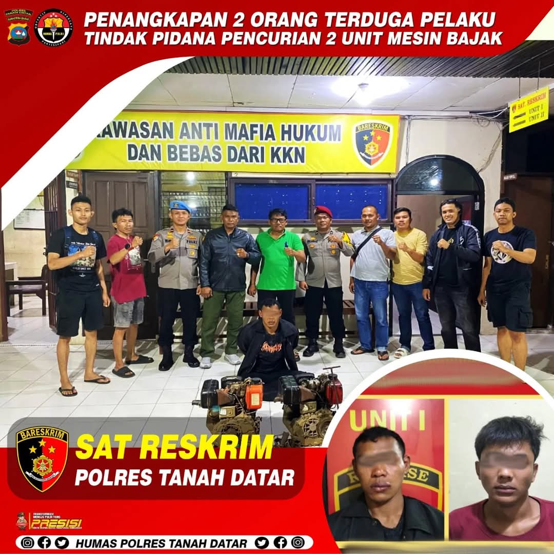 Polres Tanah Datar Berhasil Mengamankan 2 (dua) Orang Diduga Pelaku Tindak Pidana Pencurian 2 (dua) Unit Mesin Bajak