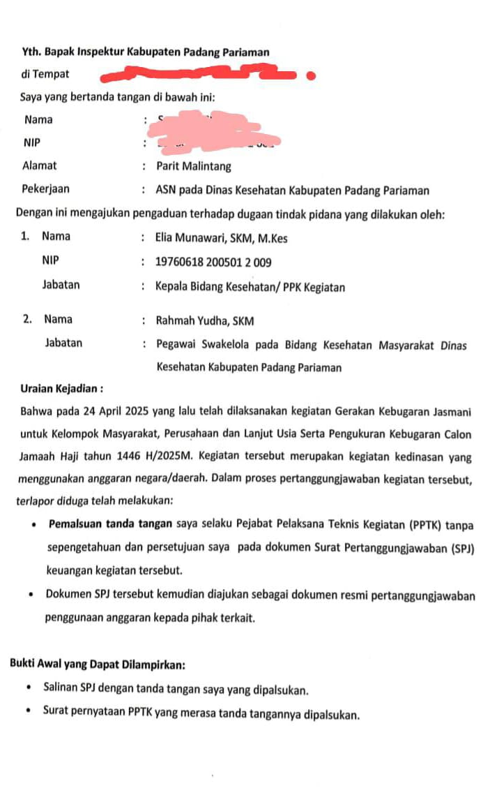 Dugaan Pemalsuan Tanda Tangan PPTK di Dinkes Padang Pariaman Berlanjut ke Pengaduan