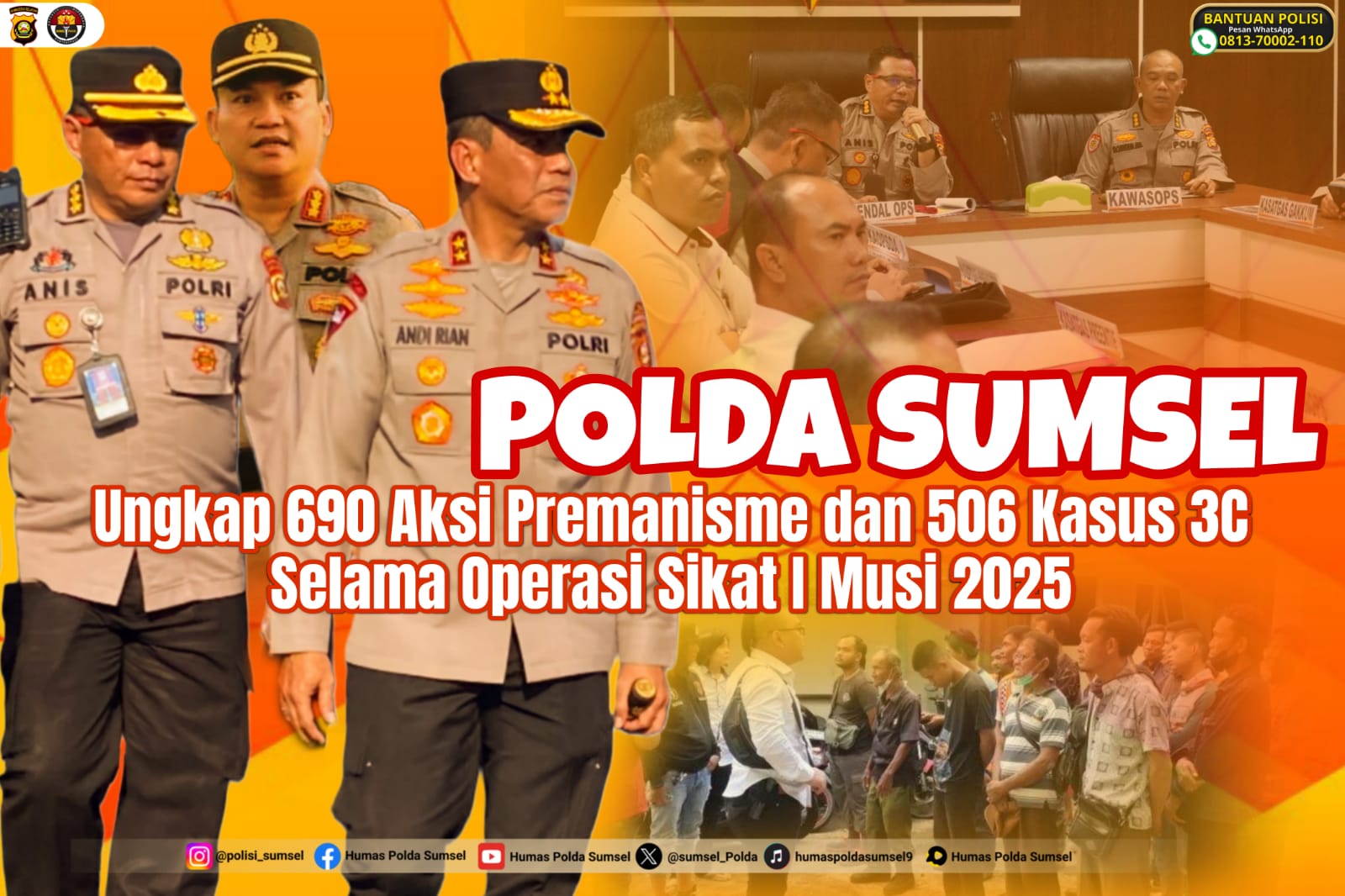 Polda Sumsel Ungkap 690 Kasus Premanisme dan 506 Kasus 3C dalam Operasi Sikat I Musi 2025