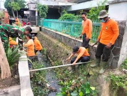 Gandeng Saberling Babinsa Purwosari Bersihkan Rumput Liar Yang Merambat Di Pagar Dan Saluran Air